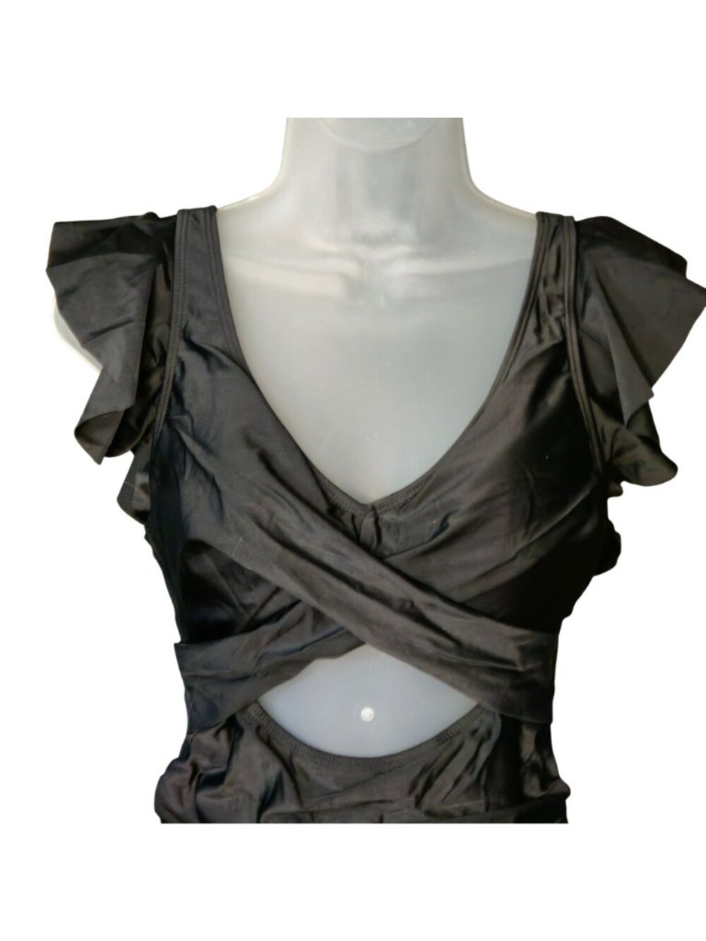 Womens Ruffle Sleeve One-Piece Swimsuit M Black Cut-Out Tummy Control Lined - Picture 2 of 8